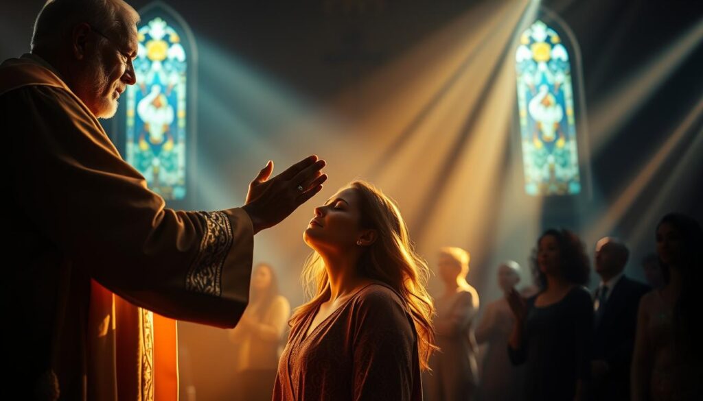 A spiritual activation ceremony in a dimly lit church. In the foreground, a minister lays hands on a woman, enveloping her in a warm, golden glow. The woman's eyes are closed, her face serene, as she receives the anointing. In the middle ground, other worshippers kneel, their hands raised in reverence. The background is hazy, with soft beams of light filtering through stained glass windows, creating an atmosphere of sacred tranquility. The lighting is dramatic, lending a sense of divine presence to the scene. Capture the essence of a transformative ministry calling, a new anointing bestowed upon the faithful.
