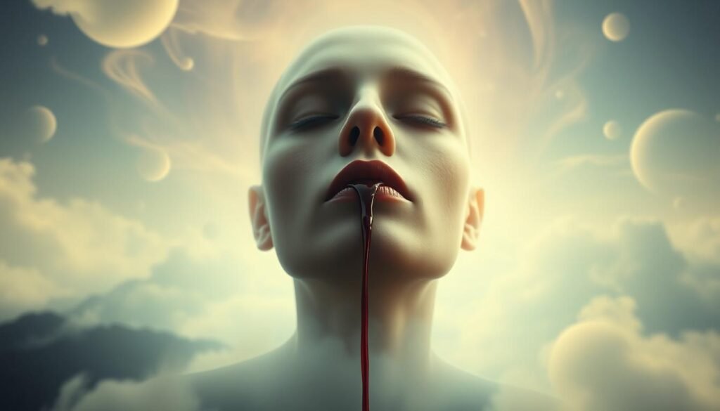 A spiritual vision of a dreaming mind, a portal to the subconscious. In the foreground, a serene, ethereal face emerges, the mouth gently parted, a stream of crimson blood flowing outward, a symbolic representation of the hidden depths of the psyche. The background is a surreal, dreamlike landscape, with wispy clouds and a faint celestial glow, evoking a sense of the mystical and the transcendent. The lighting is soft and diffused, creating a sense of tranquility and introspection. The lens is slightly tilted, giving the image a sense of depth and perspective, drawing the viewer deeper into the spiritual interpretation of this visceral, yet captivating dream.