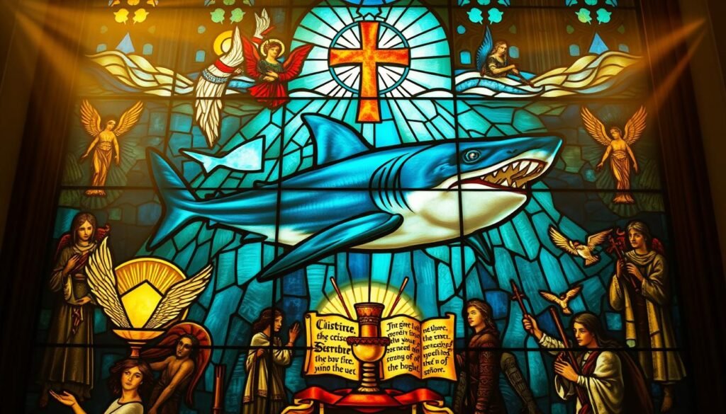 A stained glass window depicting biblical symbolism of sharks. In the center, a large shark with glowing eyes and ethereal fins swims through a surreal, dreamlike sea. Surrounding it, religious imagery and symbols emerge from the watery depths - a cross, a chalice, angelic figures, and ancient scripture. The scene is bathed in warm, reverent lighting, creating an atmosphere of sacred, mystical wonder. The background features ornate, Gothic-inspired architecture, hinting at the religious context. The overall composition conveys the symbolic and spiritual significance of the shark in religious and dream interpretation.