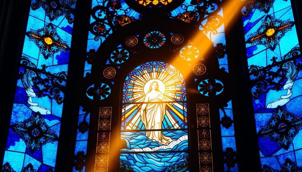 A stained glass window depicting the biblical symbolism of the color blue, illuminated by warm, heavenly light. In the center, a serene and contemplative figure, representing the divine presence, surrounded by intricate patterns and motifs symbolic of the sky, the ocean, and the spiritual realm. The composition is balanced and symmetrical, with a sense of depth and layers that draw the viewer into the sacred, transcendent atmosphere.