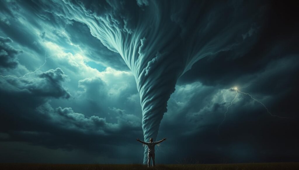 A stormy night sky, dark clouds swirling with ethereal energy. In the center, a towering tornado, its funnel reaching down from the heavens, a manifestation of divine power and judgment. Bright flashes of lightning illuminate the scene, casting an ominous glow. In the foreground, a lone figure stands, arms outstretched, face upturned, bathed in a mix of fear and awe. The tornado's winds whip around them, yet they remain steadfast, their spiritual connection to the forces at work palpable. The image evokes a sense of the sublime, a profound encounter with the raw, untamed power of nature and the deeper mysteries of the universe.