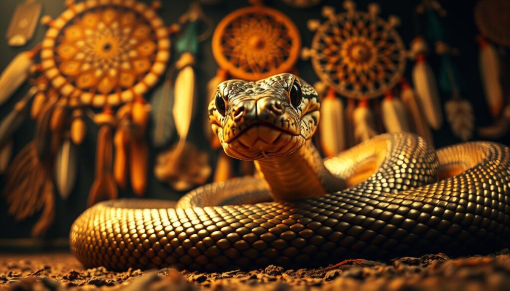 A striking close-up of a coiled rattlesnake, its intricate patterns of scales glimmering under warm, soft lighting. In the background, a rich tapestry of Native American symbols and motifs, including feathers, dreamcatchers, and geometric designs, creating a powerful, spiritual atmosphere. The serpent's piercing gaze and tense, ready-to-strike pose convey the ancient wisdom and protective energy associated with the rattlesnake in many indigenous cultures. Captured from a low angle, the image projects a sense of reverence and respect for this revered creature.