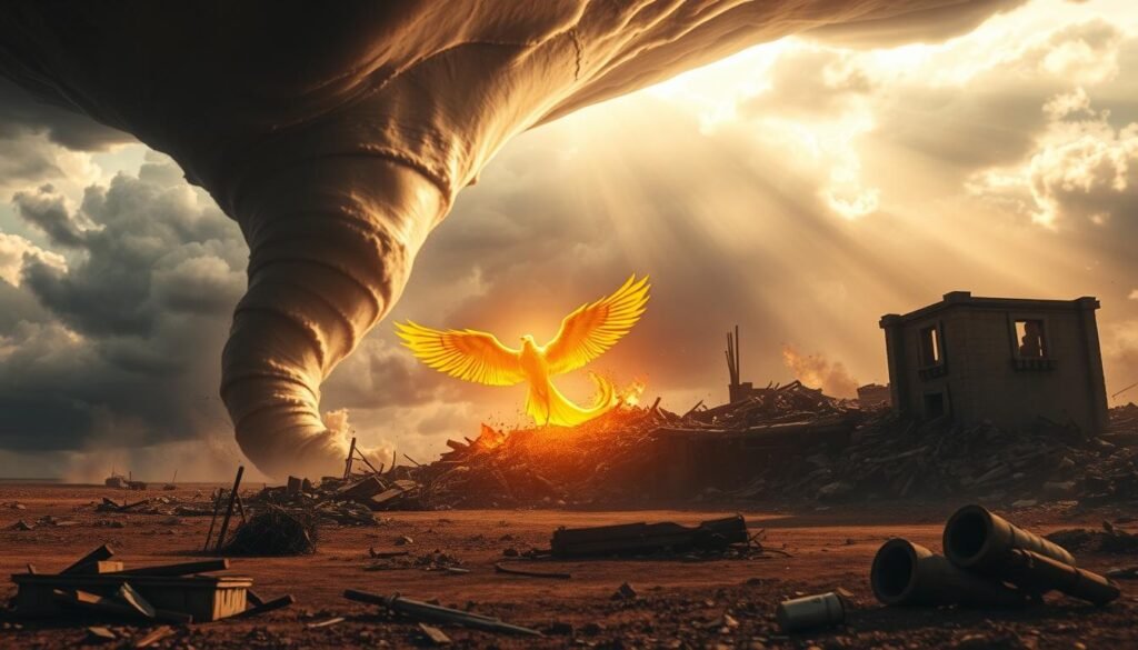 A striking scene of biblical destruction and renewal, captured in shimmering light. In the foreground, a swirling tornado rages, its ominous funnel sweeping across a desolate landscape. Debris and broken structures are caught in its violent embrace. Yet amidst the chaos, a sense of transformation emerges. In the middle ground, a phoenix-like figure rises from the rubble, its wings unfurling with a brilliant golden glow. The background is shrouded in heavy, storm-laden clouds, yet streaks of vivid light pierce through, illuminating the promise of rebirth. The whole scene exudes a sense of divine judgment and spiritual renewal, a powerful visual metaphor for the cycle of destruction and regeneration at the heart of biblical narratives.