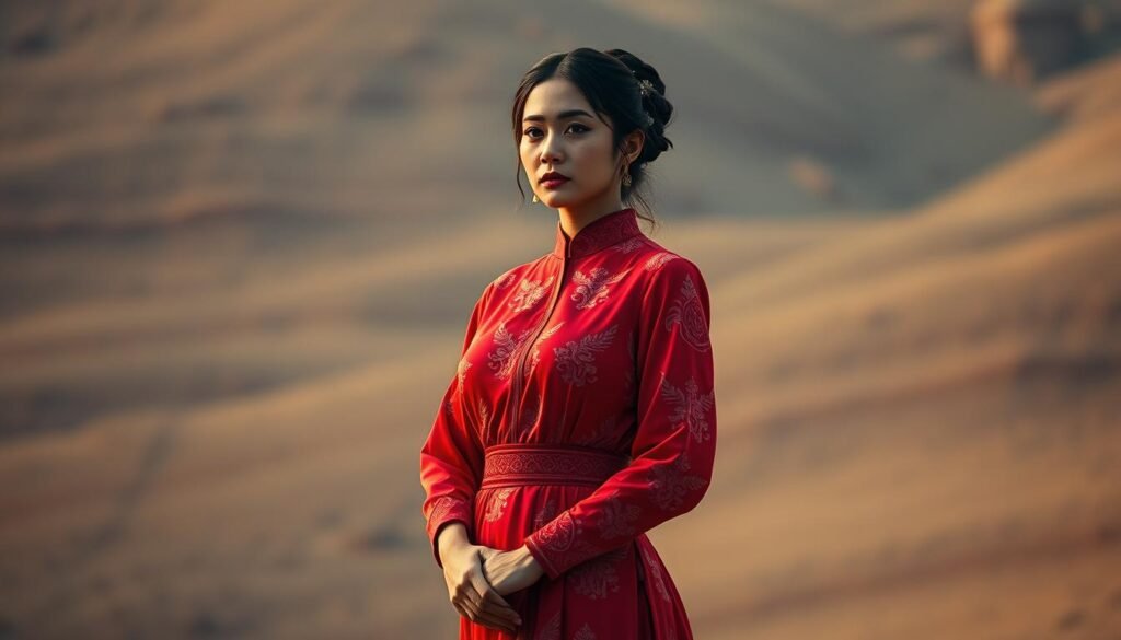 A striking woman in a vibrant, crimson dress stands in the center of the frame, her posture commanding and confident. Intricate cultural symbols and motifs are woven into the fabric, representing the deep-rooted significance of the red dress in various traditions. The lighting is soft and warm, casting a dreamlike, ethereal glow on the scene. In the background, a blurred, textured landscape suggests a sense of timelessness and universality to the symbolism. The overall mood is one of power, elegance, and the enduring influence of cultural narratives on the visual representation of the female form.