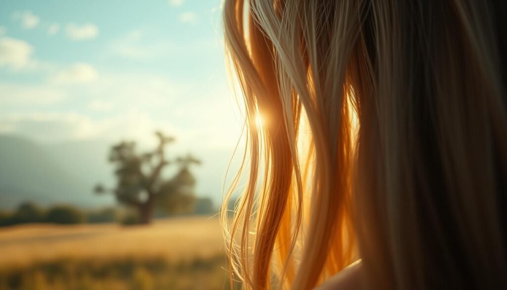 A stunning depiction of biblical hair symbolism in dreams. In the foreground, a close-up of a woman's long, cascading locks, representing the mystical power and divine connection of hair in biblical narratives. The middle ground features a serene, dreamlike landscape, with gently swaying trees and a soft, ethereal light. In the background, subtle biblical iconography, such as a halo or angelic wings, hints at the spiritual significance of hair in the religious context. The overall mood is one of reverence, introspection, and the blending of the physical and the metaphysical. Captured with a shallow depth of field, warm lighting, and a cinematic, contemplative angle.