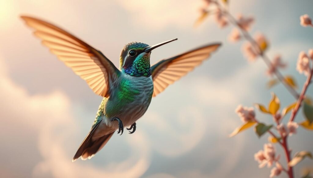 A stunning portrait of a hummingbird spirit animal, its iridescent feathers shimmering in the gentle light. The bird hovers gracefully amid a swirling, dreamlike landscape, with pastel clouds and soft, ethereal foliage in the background. The hummingbird's eyes are focused and intense, conveying a sense of mystical wisdom and connection to the divine. The image is captured with a shallow depth of field, emphasizing the bird's ethereal presence and the meditative, introspective mood of the scene. Soft, warm lighting bathes the composition, creating an atmosphere of tranquility and wonder, inviting the viewer to contemplate the deeper symbolic meaning of the hummingbird as a spirit guide.