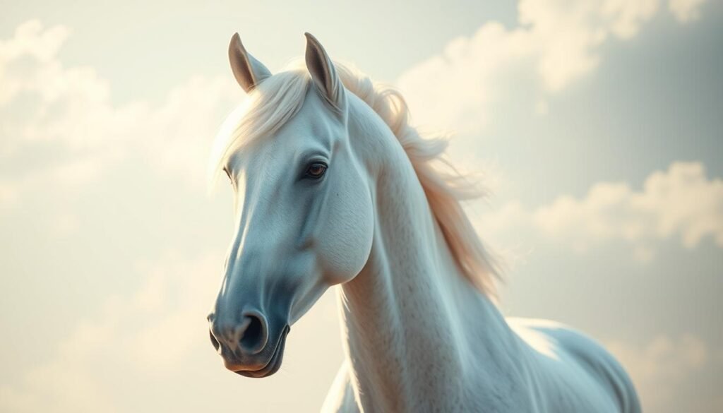 A stunning white horse, its coat gleaming in the soft, ethereal light, stands majestically against a serene, heavenly backdrop. Its mane flows gracefully, evoking a sense of purity and divine grace. The horse's eyes are filled with wisdom and tranquility, its posture exuding an aura of strength and nobility. The composition features the horse as the central focus, with a hazy, celestial landscape unfolding behind it, creating a sense of timelessness and spiritual transcendence. Delicate, ethereal clouds drift across the sky, adding to the dreamlike, otherworldly atmosphere. The entire scene conveys the essence of the white horse as a symbol of purity, righteousness, and divine vision.