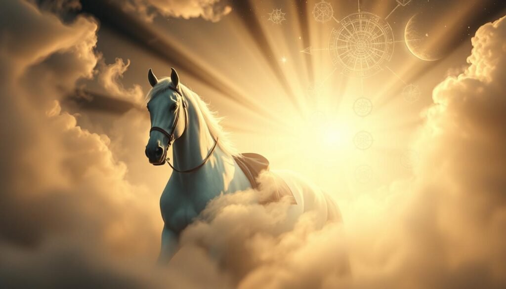 A sublime vision of divine timing and prophetic insight. In the foreground, a majestic white horse emerges from swirling spiritual mists, its rider's face obscured in a veil of otherworldly light. Heavenly rays pierce the ethereal atmosphere, casting a luminous glow that infuses the scene with a sense of transcendent revelation. In the middle ground, abstract symbols and arcane sigils float like cosmic portents, hinting at the esoteric wisdom to be unveiled. The background dissolves into a dreamscape of shimmering celestial planes, where the boundaries between the physical and the metaphysical blur, evoking a state of profound spiritual awakening. An image imbued with the power of foresight, guiding the viewer towards a deeper understanding of the divine.
