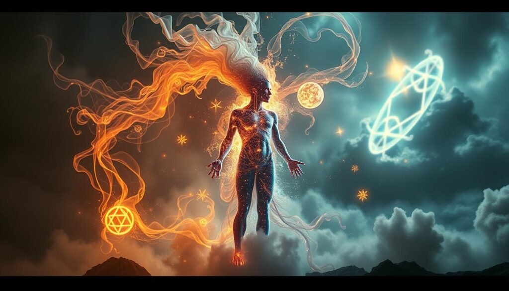 A surreal alchemical transformation unfolds in the dreamscape. In the foreground, a luminous figure undergoes a transfixing metamorphosis, their body dissolving and reforming into prismatic elements. Swirling energy currents and glowing wisps of vapor envelop the scene, hinting at the mystical forces at work. The middle ground features enigmatic symbols and alchemical glyphs floating in the ethereal atmosphere, guiding the transformation. In the background, a vast, nebulous expanse of shifting colors and shapes hints at the infinite potential of the subconscious mind. Dramatic chiaroscuro lighting casts dramatic shadows, imbuing the image with a sense of deep mysticism and profound personal growth.