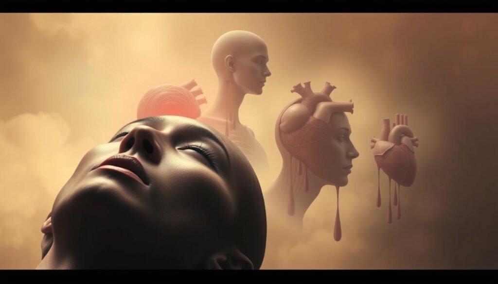 A surreal anatomical study of the spiritual significance of blood emerging from different body parts. In the foreground, a dreamlike figure with eyes closed and mouth open, blood trickling out. In the middle ground, ethereal renderings of the head, heart, and other organs, each with symbolic blood flows. The background has a hazy, atmospheric quality, with subtle fractal patterns suggesting the subconscious realm. Warm, muted tones create a contemplative mood, as if glimpsing the hidden language of the body's inner workings. Diffused lighting casts a mystical glow, evoking a sense of the mystical and profound.