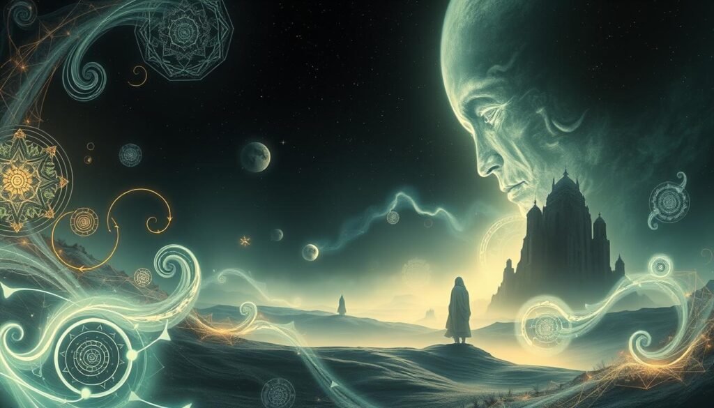 A surreal and dreamlike composition depicting abstract patterns and symbols that evoke the subconscious and the mystical realm of dreams. In the foreground, swirling geometric shapes and organic motifs intertwine, pulsing with an ethereal luminescence. The middle ground features a hazy, atmospheric landscape with floating, ambiguous forms that suggest the blurring of reality and the imaginary. In the background, a starry, celestial backdrop sets the stage for this visionary, trance-like scene, illuminated by a soft, diffused light that casts a warm, introspective glow. The overall effect is one of mystery, introspection, and the exploration of the deeper layers of the human psyche.