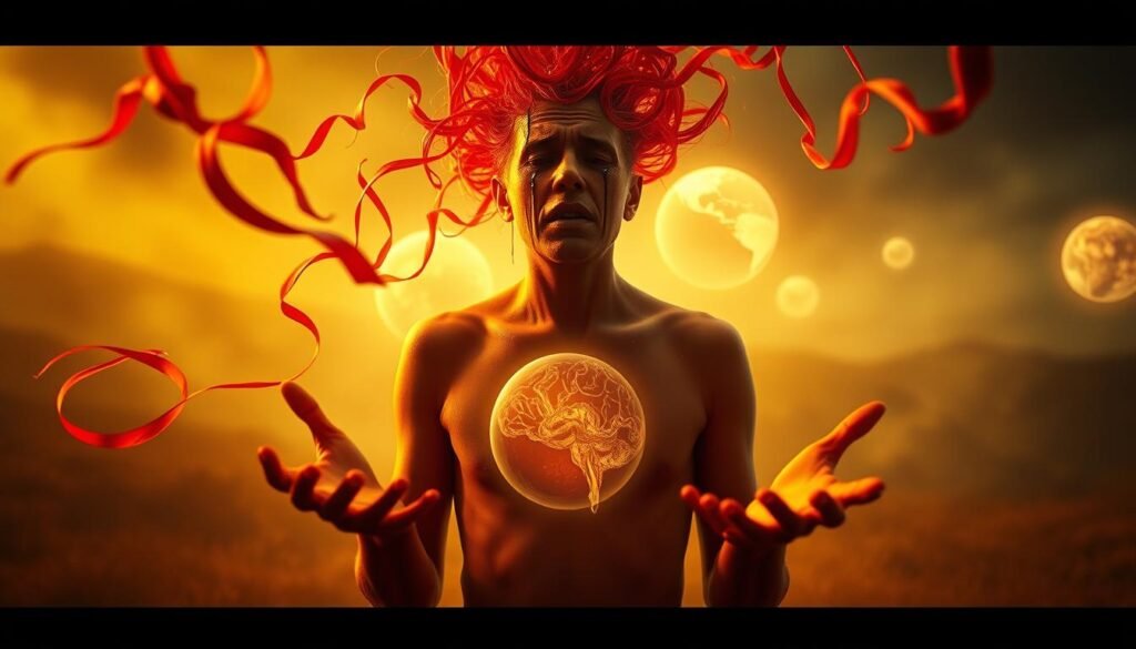 A surreal and dreamlike landscape, bathed in warm, ethereal light. In the foreground, a figure emerges, hands outstretched, their face a mask of raw emotion, tears streaming down their cheeks. Around them, swirling tendrils of blood-red energy, like ghostly ribbons, coil and dance, symbolizing the release of pent-up feelings. In the middle ground, a series of glowing spheres float, each containing a fragmented, abstract vision &ndash; a mind's eye view of the subconscious. The background fades into a hazy, impressionistic realm, hinting at the deeper spiritual plane of dreams and healing. Captured through a soft-focus lens, the overall mood is one of catharsis, introspection, and the transformative power of the psyche.