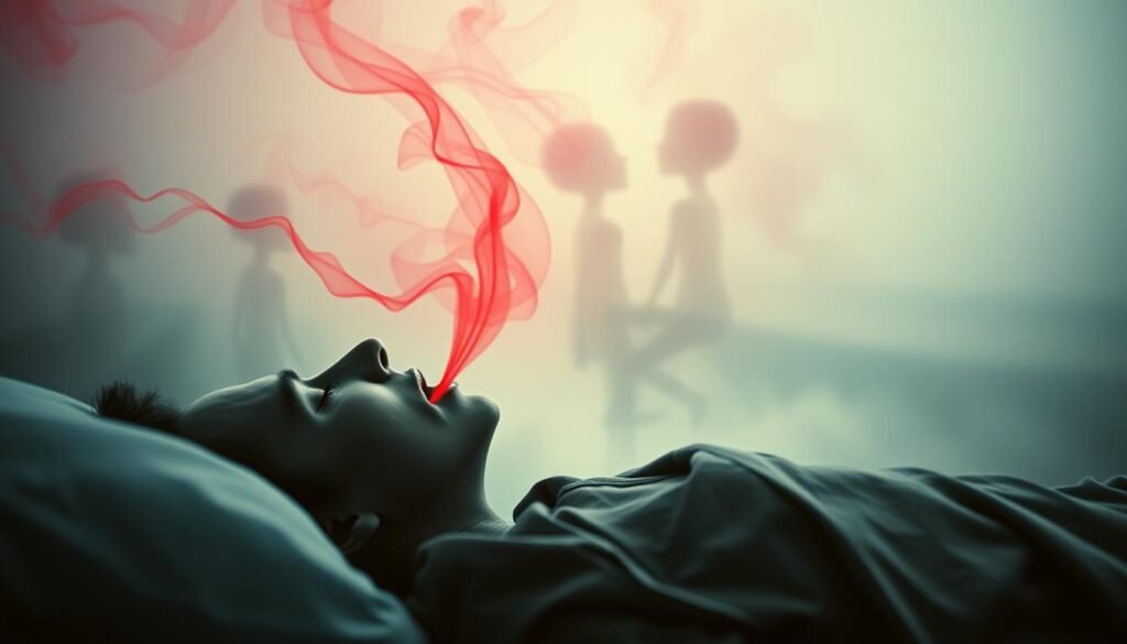 A surreal and dreamlike scene depicting the spiritual and physical connections between dreams and health. In the foreground, a figure lies sleeping, their mouth agape as wisps of crimson mist emanate from their lips, representing the flow of vital energy. In the middle ground, the mist coalesces into phantasmal representations of common physical ailments and symptoms. In the distance, a hazy, ethereal landscape reflects the subconscious realm of the dreaming mind. Soft, muted lighting casts an introspective, mystical mood, as if glimpsing the liminal space between waking and sleeping. Captured through the lens of a medium-format film camera, creating a sense of timeless, analog nostalgia.