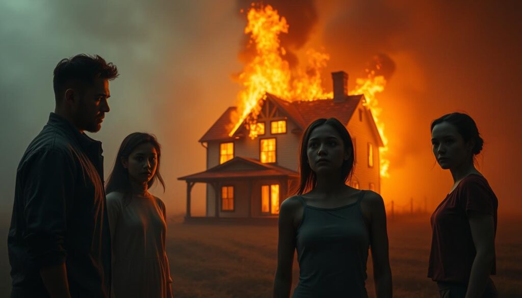 A surreal and dreamlike scene of a family gathered around a burning house, their expressions reflecting the complex emotions of the moment. In the foreground, the figures are rendered with soft, hazy detail, their faces etched with concern and uncertainty. The middle ground features the house, its flames licking at the walls, casting an eerie, orange glow across the scene. In the background, a sense of ethereal unease, with a distorted, dream-like landscape fading into obscurity. The lighting is dramatic, with deep shadows and highlights that accentuate the chiaroscuro effect. The overall composition is balanced and harmonious, inviting the viewer to contemplate the family's psychological journey amidst the metaphorical destruction and transformation.
