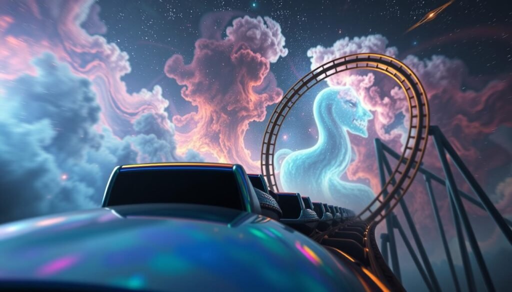 A surreal and dreamlike scene of a rollercoaster twisting and looping through a nebula-like sky. In the foreground, the rollercoaster cars appear to be made of shimmering, iridescent material, reflecting the swirling hues of the cosmic backdrop. The mid-ground features a sense of motion and speed, with the rollercoaster tracks arching and curving in a dizzying pattern. In the background, the cosmos is alive with vibrant colors, wispy clouds of stardust, and the faint glow of distant celestial bodies. Lighting is soft and ethereal, creating a sense of mysticism and the subconscious. The overall mood is one of both wonder and unease, hinting at the complexities and spiraling nature of the human psyche.