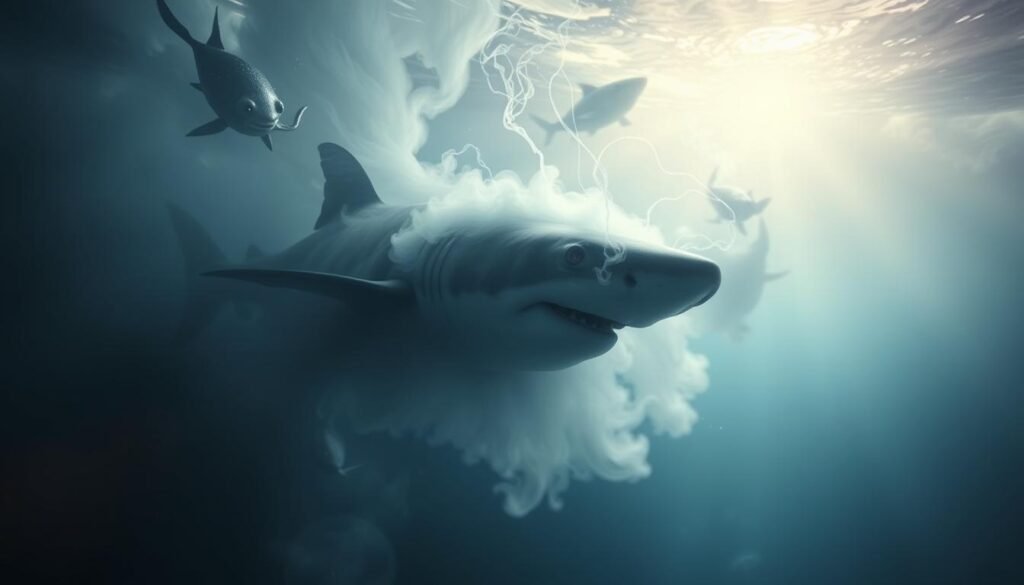 A surreal and ethereal seascape, bathed in soft, underwater lighting. In the foreground, a majestic shark emerges from the swirling, ethereal mists, its eyes radiating a mystical, otherworldly glow. Ghostly tendrils of energy seem to emanate from the shark, carrying ancient, primal wisdom. The mid-ground features a deep, mysterious abyss, hinting at unseen, spiritual realms below the surface. In the background, the faint silhouettes of other marine creatures can be glimpsed, adding to the sense of a hidden, mystical world. The overall atmosphere is one of awe, wonder, and a profound connection to the unknown depths of the subconscious mind.