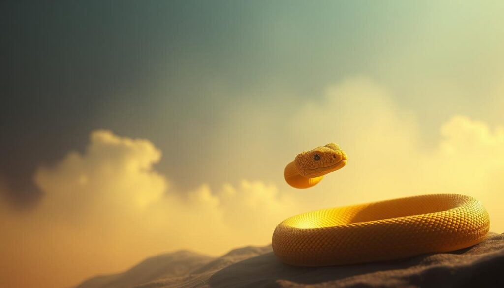 A surreal and introspective dreamscape, capturing the essence of emotional and psychological interpretations of the yellow snake. In the foreground, a mesmerizing serpent coils gracefully, its vibrant golden scales shimmering under warm, diffused lighting. The middle ground features a hazy, dreamlike environment, with wispy, ethereal cloud formations and a sense of depth and mystery. The background subtly blends soft gradients of blues and purples, creating a calming, contemplative atmosphere. Elegant, minimalist composition, with a focus on the snake's symbolic presence and the viewer's introspective connection to their subconscious.
