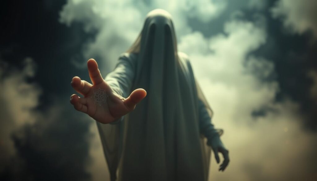 A surreal and mystical interpretation of cultural dream symbolism. In the foreground, a ghostly figure of a deceased person reaches out their transparent hand, their touch carrying symbolic meaning. Surrounding them, intricate patterns and iconography emerge from the shadows, hinting at the rich tapestry of cultural beliefs and traditions regarding dreams and the afterlife. The background is shrouded in a hazy, otherworldly glow, creating an atmosphere of the subconscious and the liminal. Dramatic lighting casts dramatic shadows, enhancing the mystical and contemplative mood. Cinematic camera angle and lens choices lend a sense of reverence and grandeur to the scene.