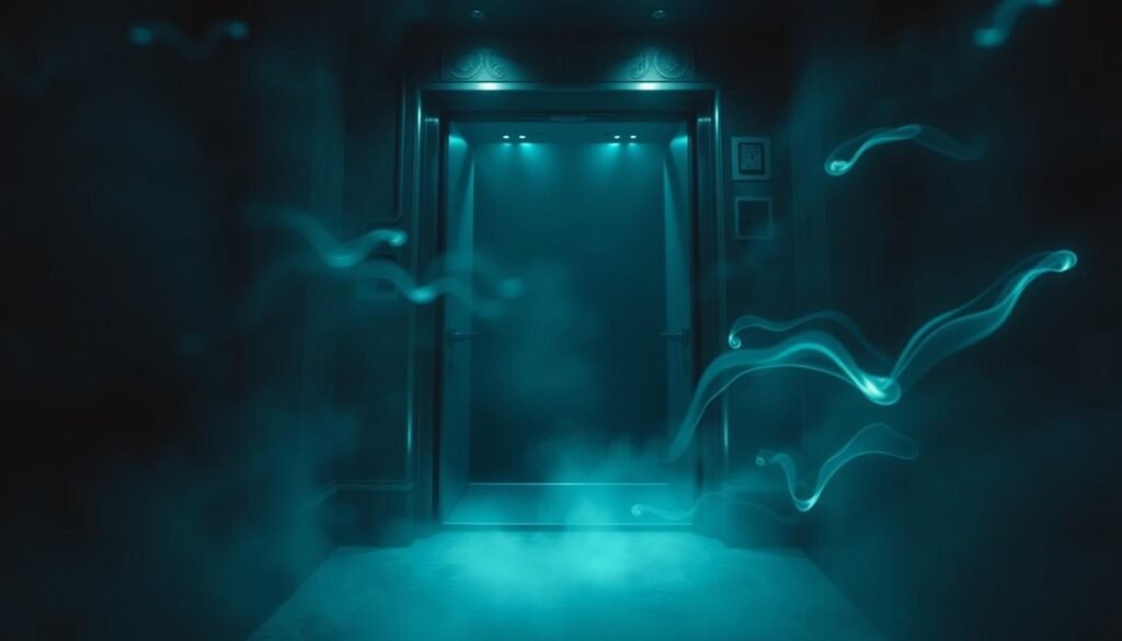 A surreal and mystical scene of a malfunctioning spiritual elevator. In the foreground, the elevator car is trapped between floors, its doors ajar, revealing a disorienting void within. Ethereal blue-green light emanates from the car, casting an otherworldly glow. In the middle ground, wisps of translucent energy swirl and pulse, hinting at unseen forces at work. The background is shrouded in a hazy, dreamlike mist, obscuring the boundaries between physical and metaphysical realms. Dramatic chiaroscuro lighting creates a sense of unease and wonder. The overall atmosphere evokes a profound disconnect between the expected functionality of the elevator and the unsettling, supernatural disturbance occurring.