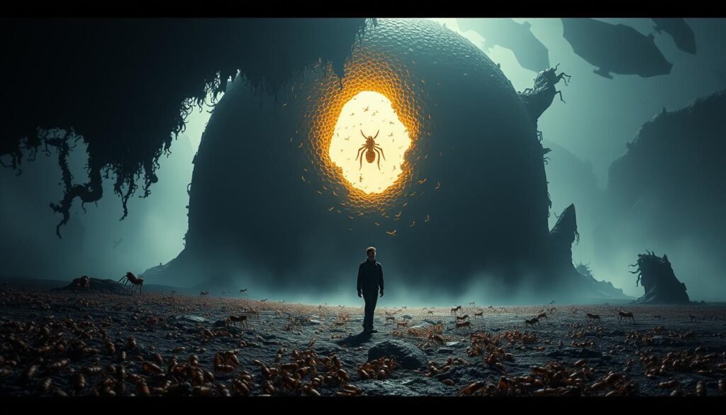 A surreal and psychologically charged landscape depicting the symbolic meaning of ant dreams. A massive hive-like structure dominates the foreground, its intricate honeycomb patterns and swarming insect activity symbolizing the subconscious mind. In the middle ground, a solitary human figure stands in contemplation, their expression pensive and introspective. The background is a dreamlike, abstract realm of shifting forms and ethereal light, hinting at the deeper psychological undercurrents at play. Dramatic chiaroscuro lighting casts dramatic shadows, creating a sense of mystery and unease. Cinematic camera angle and depth of field emphasize the thematic focus.