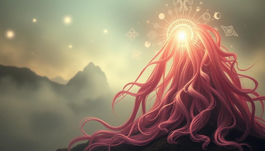 A surreal and symbolic dream landscape featuring ethereal hair growth imagery. In the foreground, cascading locks of vibrant, otherworldly hair flow and entwine, representing the unfurling of spiritual power and inner potential. In the middle ground, abstract symbols and glyphs associated with hair growth and transformation hover and shimmer, casting a mystical glow. The background depicts a hazy, mystical realm with floating orbs of light, creating a sense of transcendence and enlightenment. Soft, diffused lighting and a muted color palette evoke a dreamlike, introspective atmosphere, inviting the viewer to ponder the deeper meanings of hair growth in the subconscious realm.