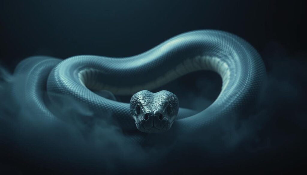 A surreal and symbolic image of a massive python snake, its serpentine coils undulating against a dark, dreamlike backdrop. The snake's scales shimmer with an iridescent, almost ethereal quality, as if it were a creature of the subconscious realm. In the foreground, the python's head emerges, its gaze fixed and hypnotic, a representation of the power and mystery of the unconscious mind. Swirling mists and abstract, otherworldly shapes fill the middle ground, hinting at the layers of symbolism and archetypes within the dream. The overall atmosphere is one of mysticism and introspection, inviting the viewer to ponder the hidden meanings and psychological depths of the python's symbolic presence.