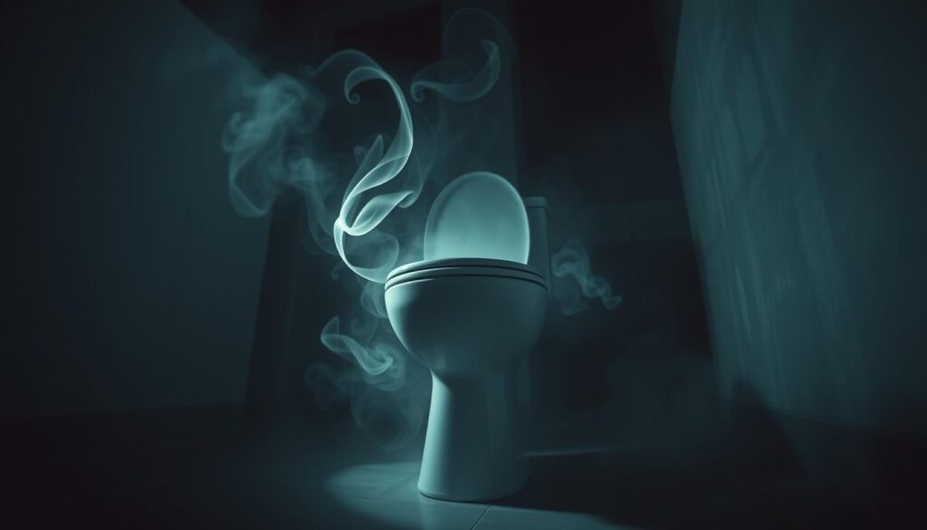 A surreal bathroom interior with a porcelain toilet as the central focus. The toilet is elevated, surrounded by a hazy, dreamlike atmosphere. Wispy, ethereal tendrils of light emanate from the toilet, casting a soft, mystical glow throughout the scene. The background is dimly lit, with indistinct shapes and shadows hinting at the subconscious realm. The overall mood is contemplative, inviting the viewer to ponder the deeper symbolic meaning of the toilet as a dream symbol. Soft, diffused lighting, a wide-angle lens, and a low camera angle create a sense of depth and wonder.