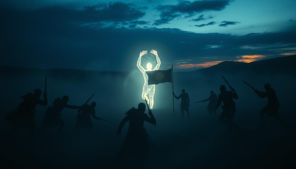 A surreal battlefield at dusk, with a glowing, translucent figure emerging from the mist. Shadowy combatants locked in a symbolic struggle, their forms blending into the landscape. Ethereal light bathes the scene, casting an otherworldly glow. In the distance, a shimmering portal opens, hinting at a spiritual realm beyond the physical conflict. Textures of smoke, ash, and crumbling earth lend a dream-like quality, as if the viewer is witnessing an allegory of the psyche. The overall atmosphere conveys a sense of inner turmoil, transformation, and the search for deeper meaning amidst the chaos of war.