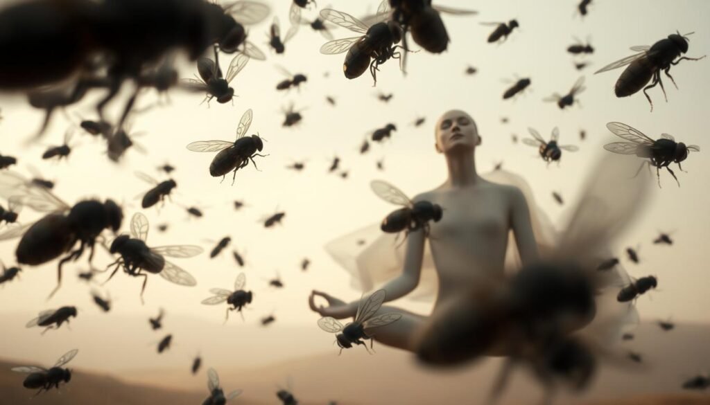 A surreal depiction of fly symbolism in dreams. In the foreground, a swarm of detailed, realistic flies hover and swirl in an ethereal, dreamlike manner. In the middle ground, a serene figure levitates, their eyes closed in a meditative pose, suggesting a connection between the flies and the subconscious. The background features a soft, blurred landscape with muted tones, creating a sense of tranquility and introspection. The lighting is diffused and atmospheric, enhancing the introspective, symbolic mood. Rendered with a cinematic, widescreen aspect ratio to convey a sense of grandeur and contemplation.