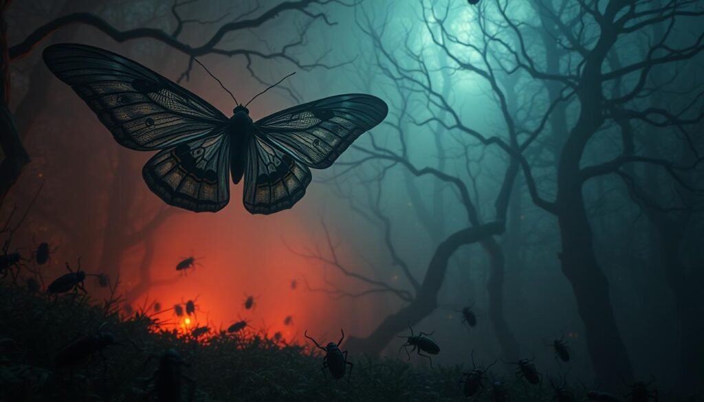 A surreal dream landscape, a shadowy realm of insect symbolism. In the foreground, a giant moth takes flight, its gossamer wings casting ethereal shadows. Crawling bugs and beetles swarm in the middle ground, their mechanical forms hinting at hidden depths. In the background, a hazy, dreamlike forest with twisting branches and glowing spores, suggesting the subconscious realms where these bug-like visions dwell. Soft, atmospheric lighting bathes the scene in an otherworldly glow, evoking the mysteries of the unconscious mind. A sense of wonder and unease permeates the image, reflecting the complex interpretations of bug dreams.