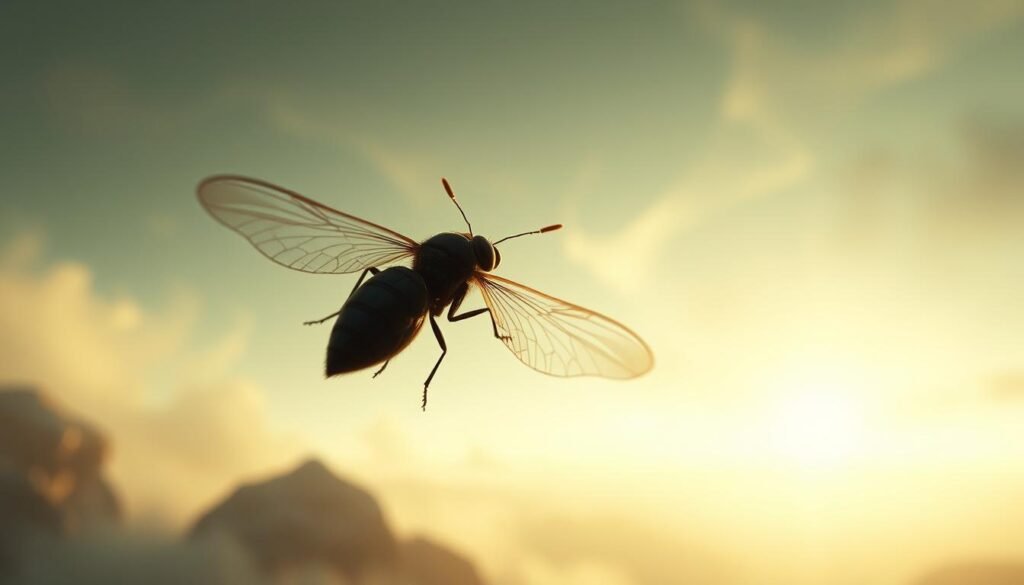 A surreal dream landscape of a flying insect, its iridescent wings gleaming in the ethereal light. In the foreground, the insect hovers, its delicate antennae twitching as it navigates the dreamscape. The middle ground features a hazy, abstract background with swirling shapes and muted colors, evoking a sense of the subconscious. In the distance, a faint horizon line suggests a beyond, the unknown. The lighting is soft and diffused, creating an otherworldly atmosphere. The overall composition is balanced and inviting, drawing the viewer into the symbolic world of the flying insect's dream.