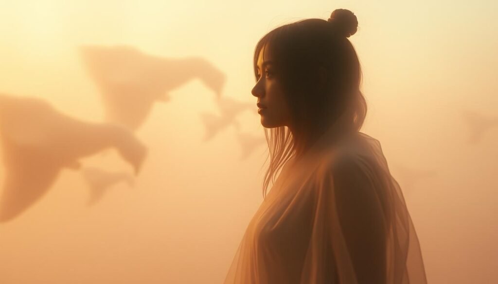 A surreal dream landscape reflecting an old crush, hazy and ethereal. In the foreground, a floating figure of the crush, semi-transparent and enigmatic, gazing into the distance. The middle ground features a dreamlike representation of unfinished memories, fragmented and abstract. The background is a softly blurred, pastel-toned environment, evoking a sense of nostalgia and longing. Warm, diffused lighting casts a dreamlike, atmospheric glow. The composition is balanced, with the central figure drawing the eye inward. An overall mood of wistfulness, introspection, and the subconscious stirrings of the past.