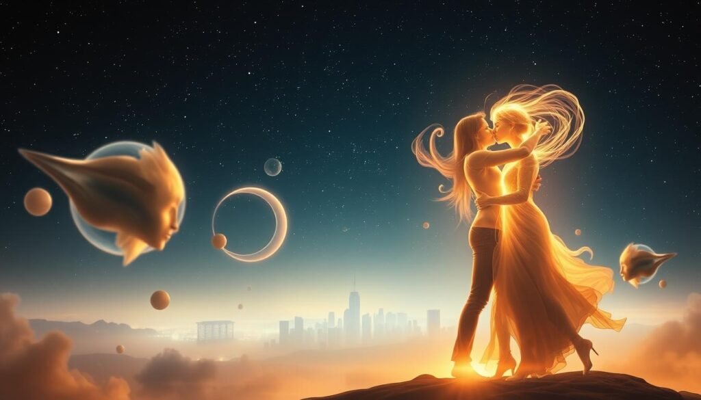 A surreal dream landscape set against a starry night sky. In the foreground, two ethereal, glowing figures embrace in a passionate, symbolic kiss, their bodies merging into a single swirling form. The middle ground features floating, abstract shapes and symbols that represent the subconscious mind. In the background, a hazy, dreamlike city skyline with towering, fragmented buildings. Soft, warm lighting bathes the scene, creating an atmosphere of mysticism and introspection. The overall composition conveys the profound, intangible nature of dream symbolism and the interpretations of a kiss.