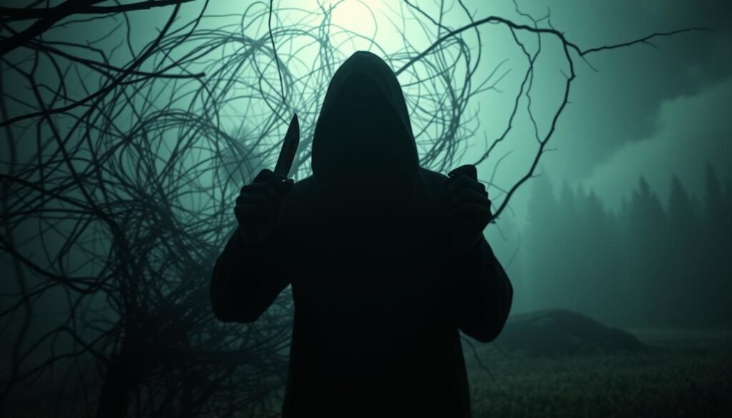 A surreal dream landscape, symbolic representations of murder and concealment. In the foreground, a shadowy figure holds a blood-stained knife, their face obscured. Behind them, a tangled web of thorns and vines, representing the entanglement of guilt and the subconscious. In the distance, a dimly lit forest, hinting at the burial of a body. Ethereal light filters through the scene, creating an unsettling, chiaroscuro effect. The atmosphere is heavy with tension and the weight of a dark secret. Rendered in muted, earthy tones to evoke the subconscious realm of dreams.