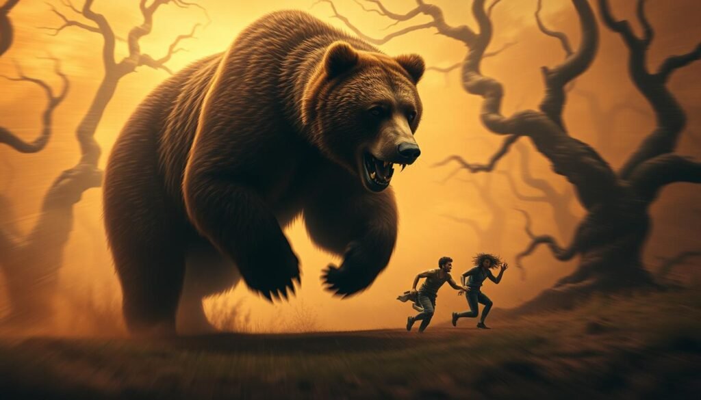 A surreal dream landscape where a massive brown bear chases a terrified figure through a mystical forest. The bear's movements are blurred, conveying a sense of speed and urgency. The figure is small and vulnerable, their facial expression one of pure terror. The background is a swirling mixture of earthy tones, with twisted, gnarled trees and a hazy, ethereal sky. Streaks of warm light filter through the canopy, casting an eerie glow over the scene. The overall atmosphere is one of unease and foreboding, capturing the unsettling symbolism of being pursued by a powerful and primal force in the subconscious.