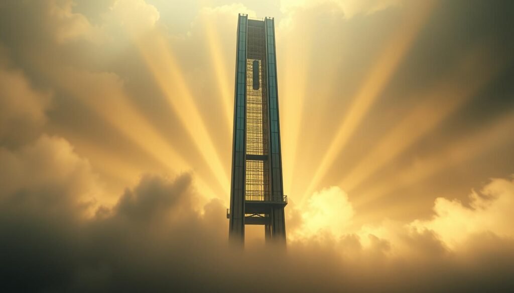 A surreal dream landscape where a towering, ethereal elevator shaft dominates the scene. The elevator car hovers mid-air, its gleaming metal exterior reflecting the shifting energies of the spiritual realm. Clouds of mist swirl around the structure, imbuing it with an otherworldly presence. Beams of warm, golden light filter through the haze, casting a contemplative, introspective mood. The background fades into a misty abyss, drawing the viewer's focus to the central, mystical elevator - a symbol of personal growth, transition, and the journey within. Soft, ambient lighting creates a contemplative, dream-like atmosphere, inviting the viewer to ponder the deeper meanings of this recurring, symbolic vision.