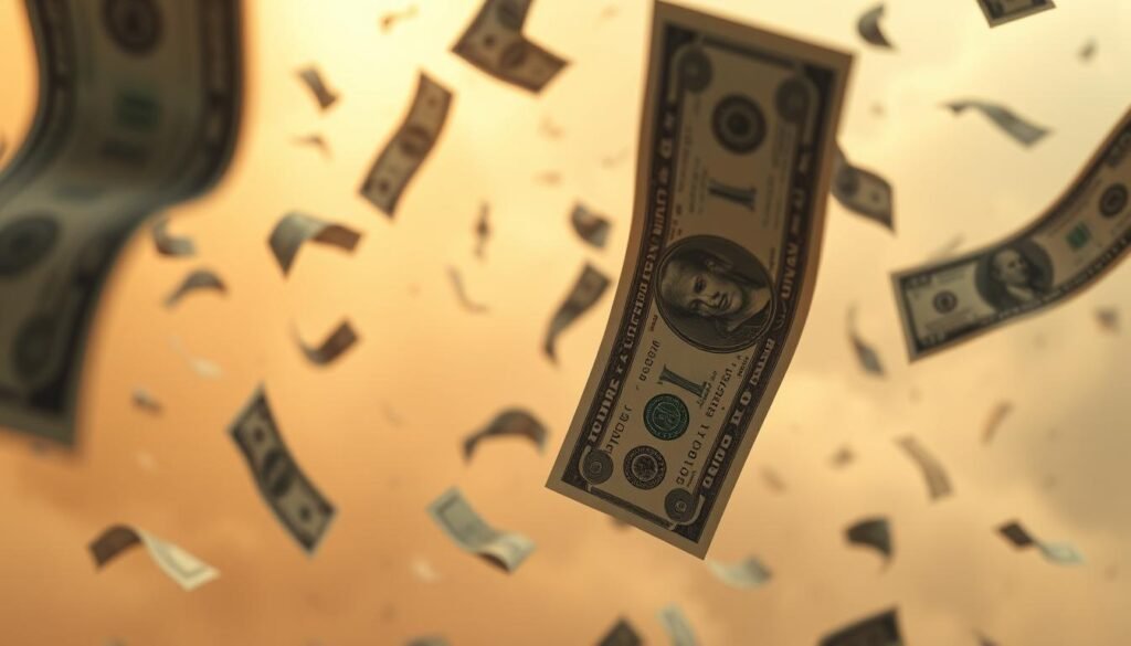 A surreal dream landscape where paper money serves as the central motif. In the foreground, intricately detailed dollar bills float and dance, their edges blurred as if in motion. The middle ground features a hazy, dreamlike atmosphere, with mist-like tendrils swirling around the money. In the background, a dreamscape of abstract shapes and ethereal patterns creates a sense of depth and mystery. Warm, golden lighting imbues the scene with a sense of abundance and wealth, yet an underlying unease permeates the image, hinting at the deeper symbolic meaning of paper money in the subconscious.