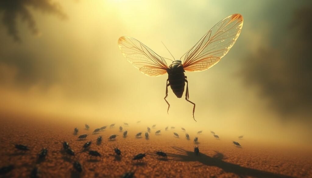 A surreal dream landscape with a giant, ethereal cockroach soaring through the air, its translucent wings casting a mesmerizing shadow on the ground below. The cockroach's body is iridescent, reflecting the warm, ambient lighting that bathes the scene in a dreamlike glow. In the middle ground, a swirling vortex of smaller cockroaches seems to emanate from the central figure, hinting at deeper symbolic meanings. The background is a hazy, abstract realm of muted colors and indistinct forms, creating a sense of the subconscious and the mystical. The overall composition has a sense of wonder and mystery, inviting the viewer to ponder the significance of this extraordinary vision.