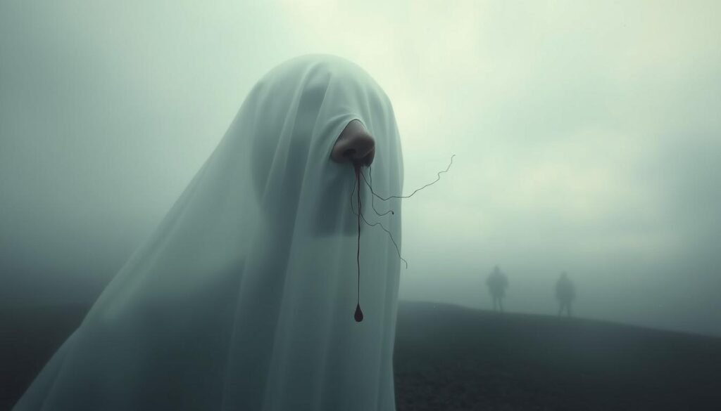 A surreal dream landscape, with a nose bleeding against a misty background. In the foreground, a ghostly figure emerges, their face obscured by a shroud of emotional symbolism. Wispy tendrils of crimson flow from the nose, representing the release of inner turmoil. The middle ground is a hazy, dreamlike realm, where fragmented memories and subconscious emotions swirl. The background is a muted, atmospheric expanse, evoking a sense of the spiritual and the unknown. Soft, diffused lighting casts a contemplative, introspective mood. Captured through a wide-angle lens, the composition emphasizes the interconnectedness of the physical, emotional, and spiritual realms.