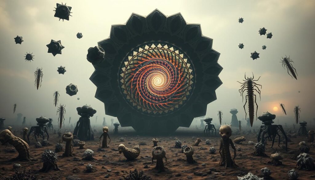 A surreal, dream-like landscape filled with the symbolic shapes and patterns of a centipede's transformation. In the foreground, a central mandala-like vortex swirls with psychedelic, iridescent spirals, evoking the shifting energies of metamorphosis. Floating around it are abstract, segmented forms and skeletal, exoskeleton-like structures in muted, earthy tones. The middle ground features amorphous, kaleidoscopic shapes and organic, crystalline growths that burst forth from the ground, hinting at the hidden, alchemical processes occurring. In the distance, a hazy, atmospheric background hints at a realm beyond the physical, where spiritual energies coalesce. Dramatic lighting casts dramatic shadows and highlights the mystical, otherworldly atmosphere.