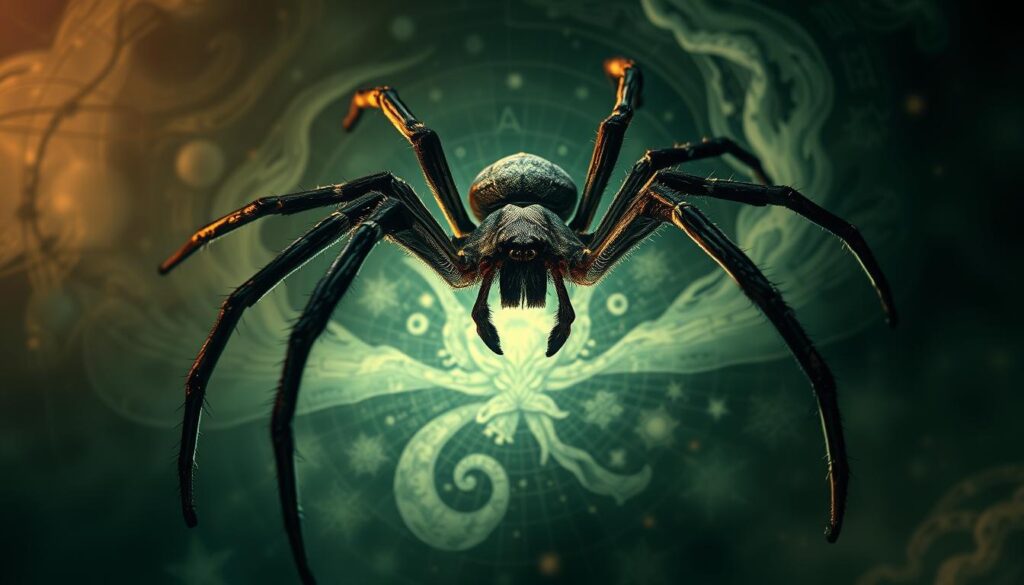 A surreal, dreamlike analysis of spider symbolism, with a detailed spider illustration at the center. The spider is rendered with intricate, lifelike detail, its eight legs and sinister eyes conveying a sense of mystery and psychological depth. Surrounding the spider is a swirling, abstract background, filled with symbolic imagery and patterns that evoke the subconscious. Soft, diffused lighting casts an otherworldly glow, creating an atmosphere of contemplation and introspection. The overall composition is balanced and visually striking, guiding the viewer's attention to the core subject matter - the interpretation and analysis of the spider dream.