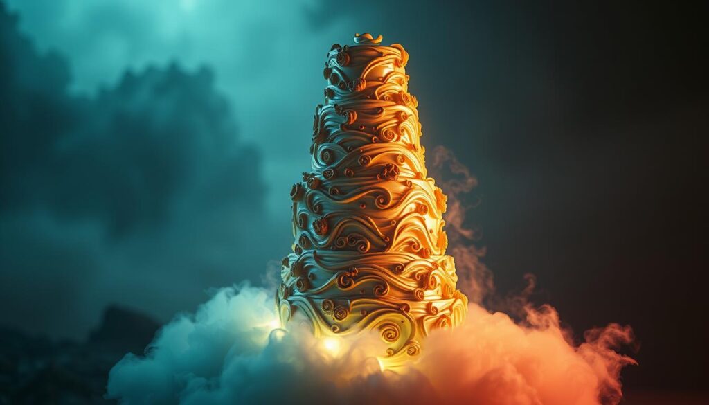 A surreal, dreamlike cake symbolizing transformation and personal growth. In the foreground, a towering confection with swirling, iridescent layers that seem to shift and change before the viewer's eyes. Intricate, organic patterns and textures adorn the cake, almost appearing alive. The middle ground features an ethereal, glowing mist surrounding the cake, casting a soft, otherworldly light. In the background, a hazy, dreamscape landscape with abstract, shifting shapes and colors, hinting at the subconscious realm. Dramatic, chiaroscuro lighting illuminates the scene, creating a sense of mystery and wonder. The overall mood is one of magic, introspection, and the transformative power of the subconscious mind.