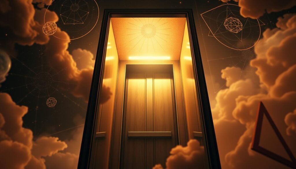 A surreal, dreamlike elevator ascends against a backdrop of floating, abstract symbols. The car's interior is bathed in a warm, ethereal glow, hinting at a metaphysical journey. Geometric shapes, mystical sigils, and morphing visual metaphors swirl around the elevator, symbolizing the subconscious themes and archetypes at play in the dreamer's psyche. The camera angles shift dynamically, capturing the scene from multiple perspectives to evoke a sense of disorientation and transcendence. The overall atmosphere is one of contemplation, mystery, and the exploration of the liminal space between waking and dreaming.