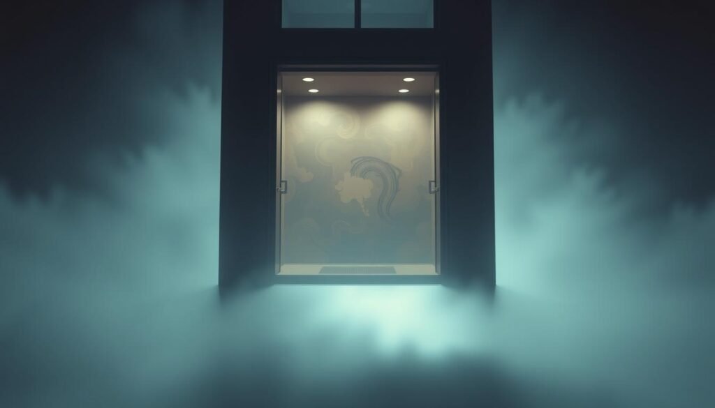 A surreal, dreamlike elevator interior suspended in a void, bathed in a soft, ethereal glow. The elevator car is partially open, revealing a glimpse into the psyche - abstract, swirling shapes and patterns in muted, psychological hues. Soft, diffused lighting casts gentle shadows, creating a sense of introspection and contemplation. The composition is balanced, with the elevator car occupying the central focal point, surrounded by the vast, contemplative space. An atmosphere of quiet introspection and self-reflection permeates the scene, inviting the viewer to explore the subconscious associations of elevator dreams.