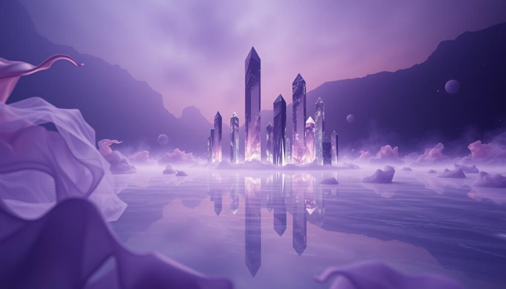 A surreal, dreamlike landscape bathed in a mesmerizing violet hue. In the foreground, amorphous, ethereal shapes dance and swirl, their forms shifting and morphing like wisps of colored smoke. In the middle ground, towering crystalline structures rise from a mirrored, reflective surface, their facets refracting the ambient light into a symphony of prismatic colors. The background fades into a hazy, atmospheric void, punctuated by the occasional appearance of celestial orbs or glowing, otherworldly phenomena. The overall scene evokes a sense of profound mysticism, spiritual transcendence, and the boundless potential of the subconscious mind.