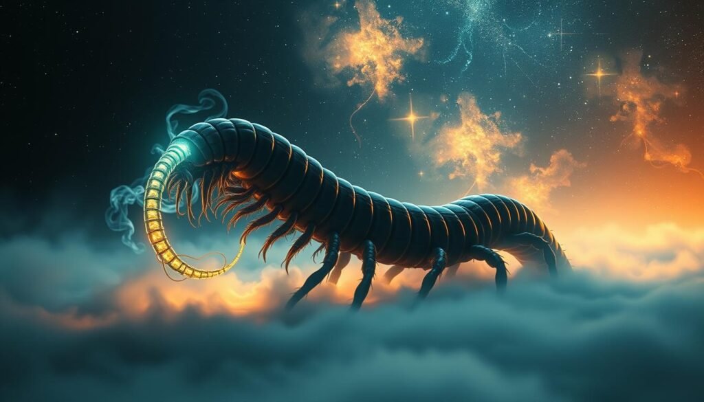 A surreal, dreamlike landscape where a giant, otherworldly centipede undulates through ethereal mists. The creature's segmented body glows with an inner, bioluminescent light, casting an eerie, spiritual radiance across the scene. Tendrils of mist swirl around the centipede's form, suggesting a deep connection to the subconscious and the unseen realms of the mind. In the background, a starry, nebulous sky shimmers with cosmic energy, hinting at the transcendent, mystical meanings the centipede may symbolize. The lighting is dramatic, with deep shadows and highlights that accentuate the creature's alien, almost sacred presence. The overall atmosphere is one of mystery, wonder, and the exploration of the subconscious.