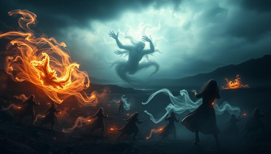 A surreal, dreamlike landscape where ethereal, spirit-like entities engage in a metaphysical battle. In the foreground, swirling energies and amorphous forms dance and clash, their movements imbued with a sense of primal, otherworldly power. The middle ground features a mystical, cloud-like vortex, casting an aura of mystery and the supernatural. In the distant background, a hazy, indistinct horizon suggests the boundless realm of the spiritual realm. The lighting is dim and moody, with wisps of chiaroscuro illumination highlighting the drama of the scene. The overall atmosphere conveys a sense of the unseen forces at work in the human experience, a visual representation of the "Spiritual Warfare" alluded to in the subject matter.