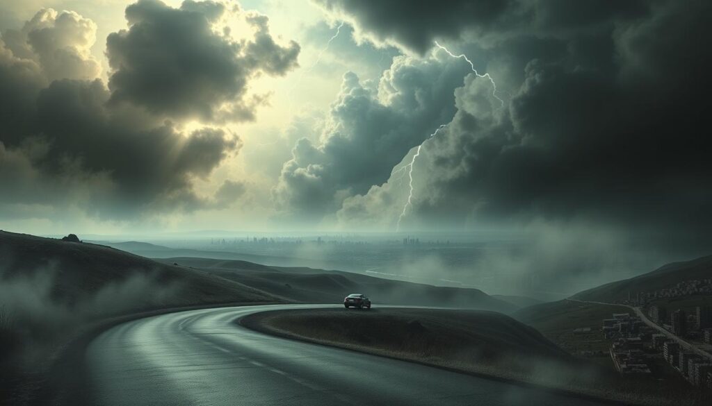 A surreal, dreamlike landscape with a sense of unease and anxiety. In the foreground, a winding, ominous road leads towards a distant car crash, surrounded by swirling clouds and distorted shapes. The middle ground features a fractured, fragmented sky, with lightning bolts and ominous shadows casting an unsettling light. In the background, a hazy, distorted cityscape fades into the distance, conveying a sense of disconnection and isolation. The overall mood is one of tension, uncertainty, and the subconscious manifestation of deep-seated fears and anxieties.