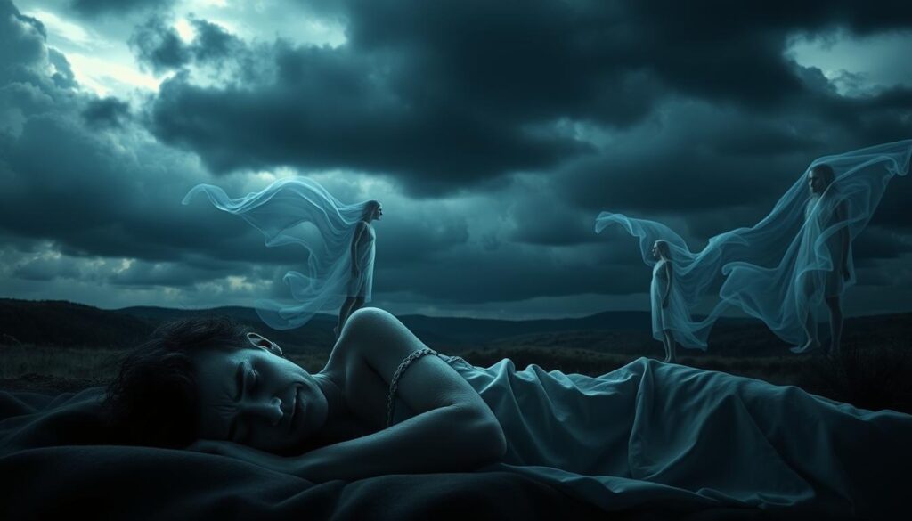 A surreal, dreamlike landscape with a sense of unease and anxiety. In the foreground, a figure representing the dreamer lies restless, their face contorted with worry. Wispy, ghostlike figures emerge from the background, symbolizing the intrusive thoughts and fears about their partner leaving. The sky is heavy with dark clouds, casting an ominous atmosphere. The lighting is moody, with dramatic chiaroscuro effects, heightening the emotional tension. The composition is balanced, with the central figure anchoring the scene, while the ethereal forms swirl around them. The overall mood is one of disquiet and psychological distress, capturing the essence of the "Dream Anxiety Visualization" theme.