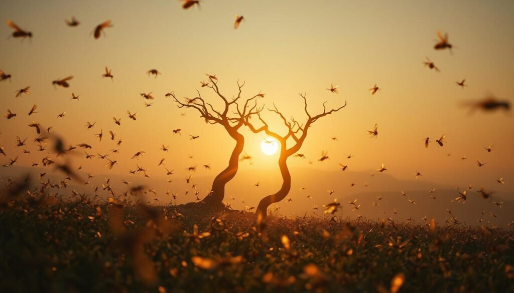 A surreal, dreamlike landscape with a swarm of flying ants in the foreground, their translucent wings glimmering under the warm, golden light of the setting sun. In the middle ground, a mystical, tree-like structure sprouts from the ground, its branches twisting and morphing into abstract, organic shapes. The background fades into a hazy, ethereal horizon, suggesting a sense of transformation and the blurring of reality. The overall scene evokes a sense of change, growth, and the cycle of life, captured through the symbolic representation of the flying ants.